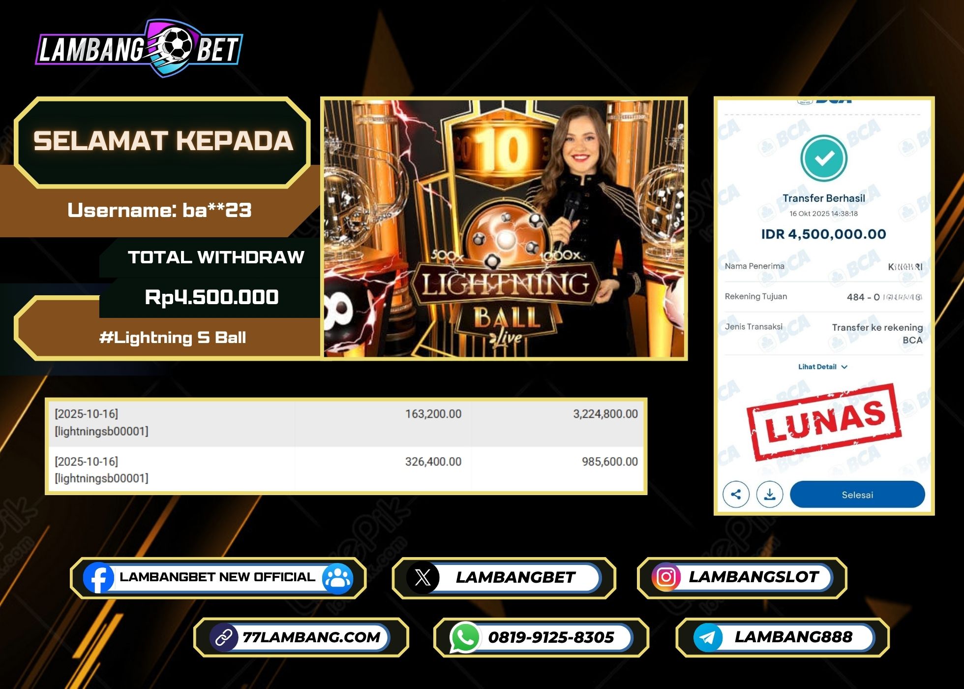 LAMBANGBET [16 OKTOBER 2025] JACKPOT LIVE CASINO Lightning S Ball "Rp4.500.000" LUNAS
